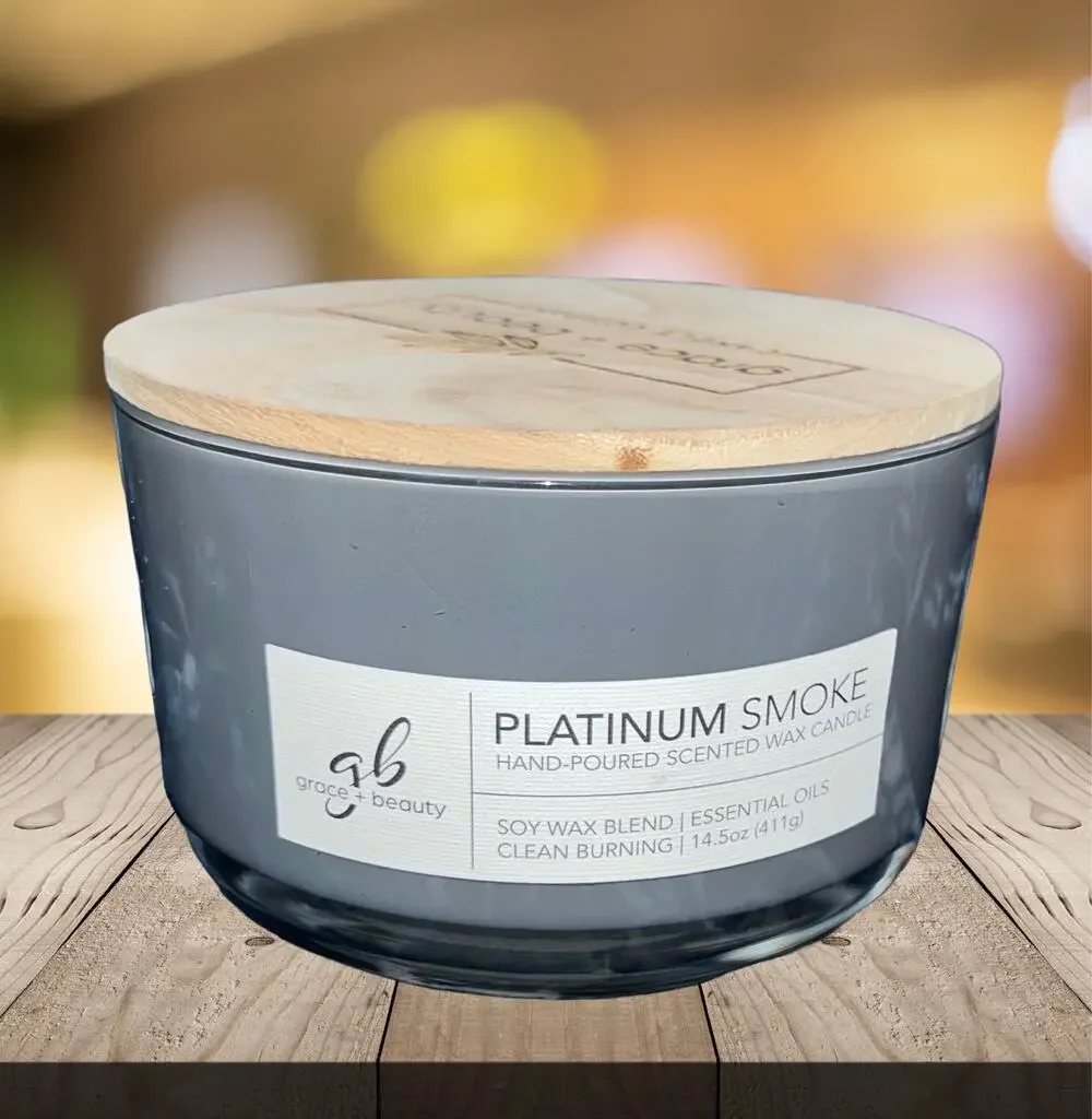 NEW! Grace & Beauty Platinum Smoke Soy Wax Blend Scented Candle 14.5oz